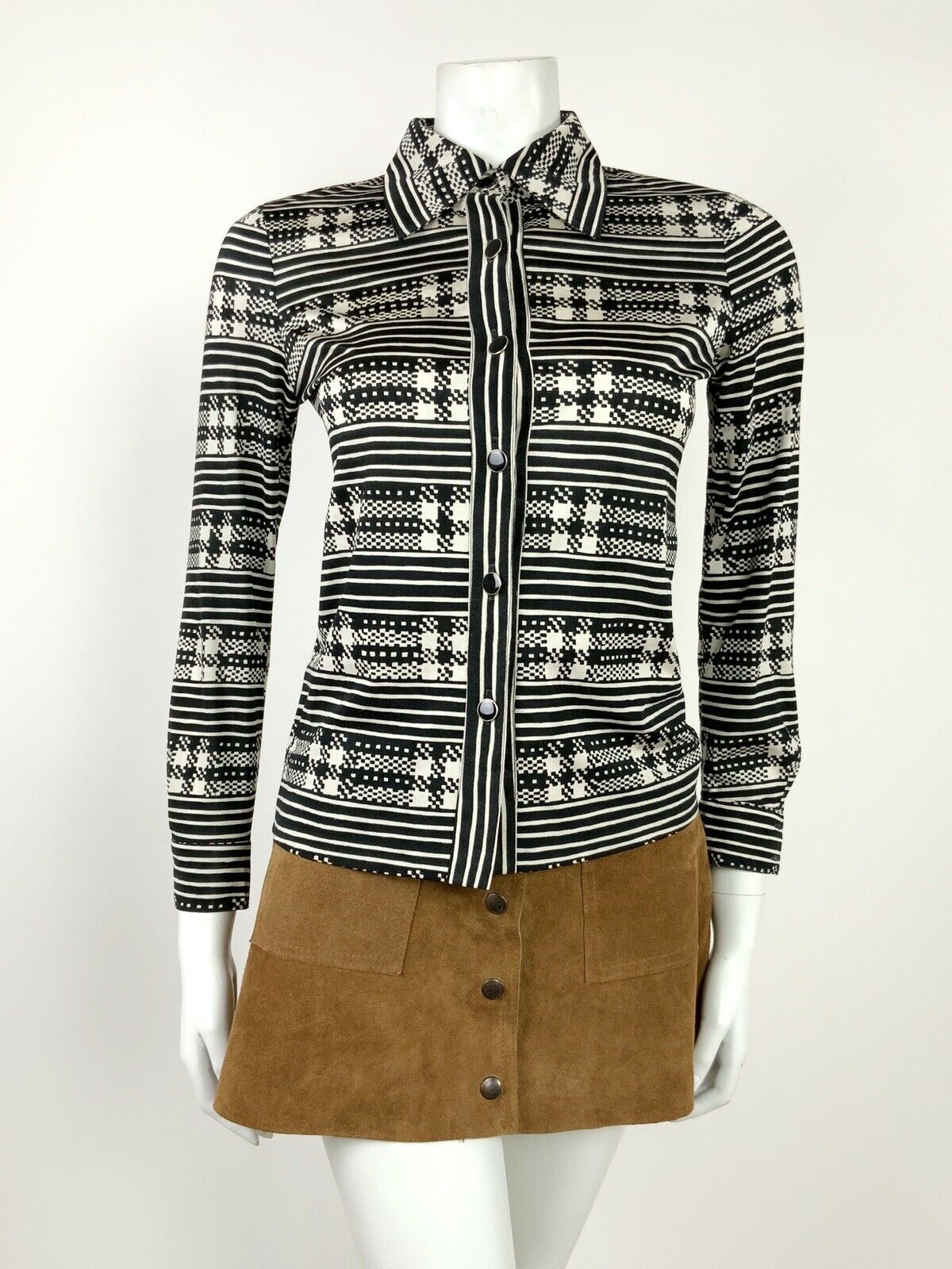 VINTAGE 60s 70s BLACK WHITE STRIPED CHECKERBOARD GEOMETRIC MOD HIPPY SHIRT 8 10