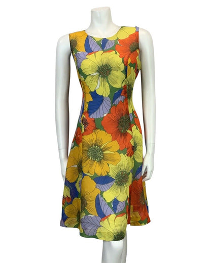 VINTAGE YELLOW ORANGE BLUE GREEN FLORAL PRINT FLOATY MIDI DRESS 14