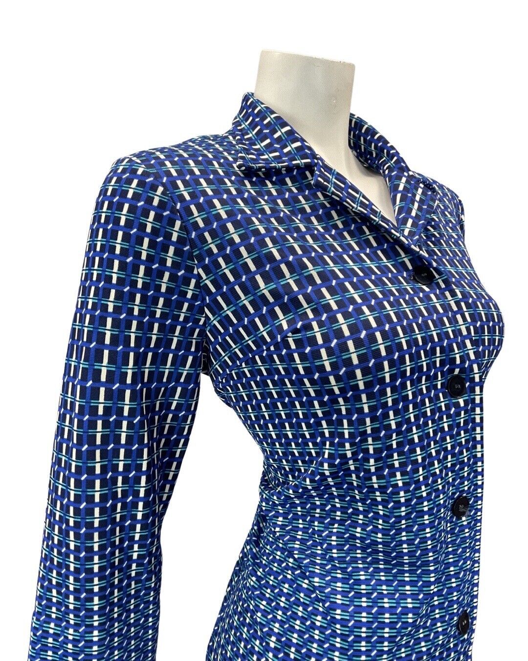 VINTAGE 60s 70s NAVY BLUE WHITE BLACK GRID CHECKED MOD SHIRT DRESS 16