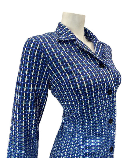 VINTAGE 60s 70s NAVY BLUE WHITE BLACK GRID CHECKED MOD SHIRT DRESS 16