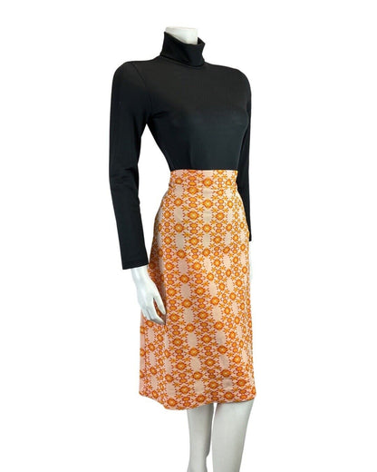 VINTAGE 60s 70s ORANGE WHITE FLOWER POWER DAISY MOD MIDI KNEE-LENGTH SKIRT 8 10