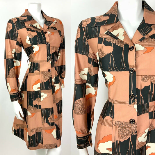 VINTAGE 60s 70s BROWN BLACK WHITE ORANGE TREE LEAF SQUARE DAGGER SHIRT DRESS 14