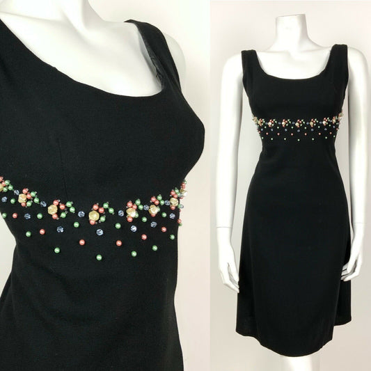 VINTAGE 60s 70s BLACK PINK GREEN BLUE PEARL BEADED EMPIRE LINE PARTY DRESS 8 10