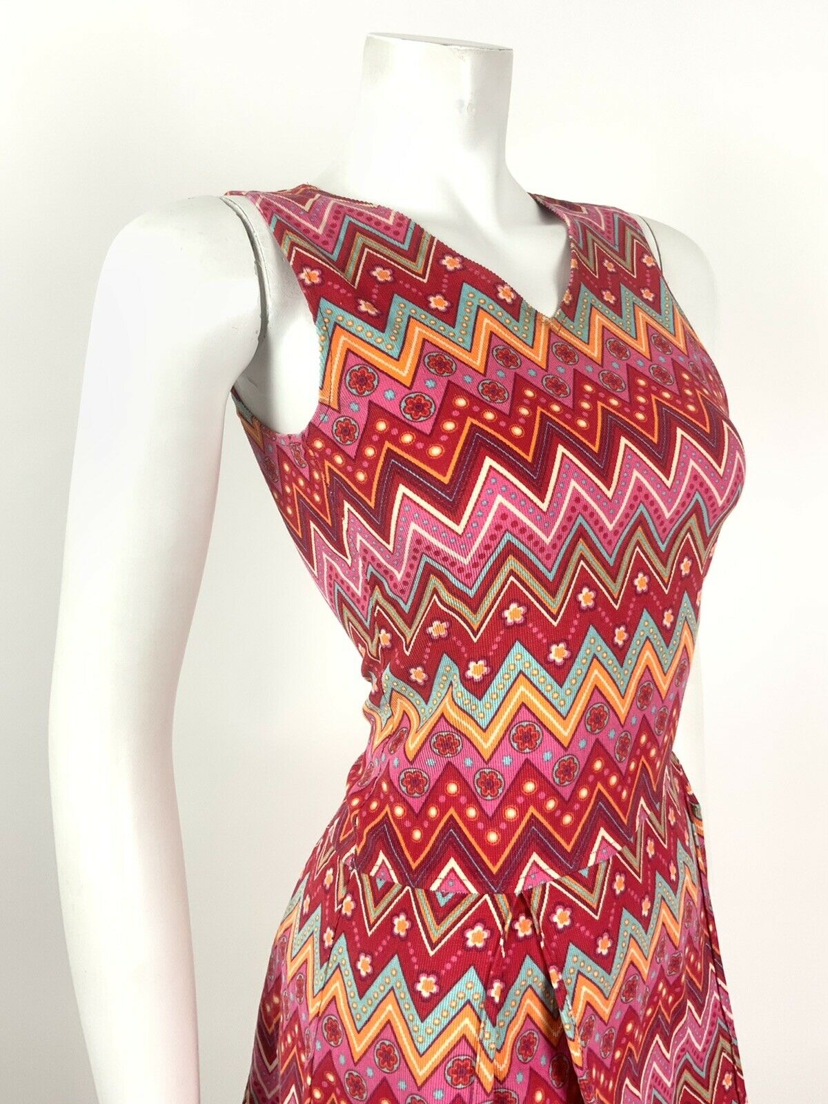 VINTAGE 60s 70s PINK RED BLUE ORANGE ZIG-ZAG FLORAL DAISY PSYCHEDELIC DRESS 4