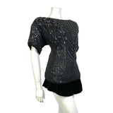 VTG 60s 70s BLACK STRIPED FLORAL SEQUIN BEADED DISCO STUDIO 54 GLAM TOP 18 20