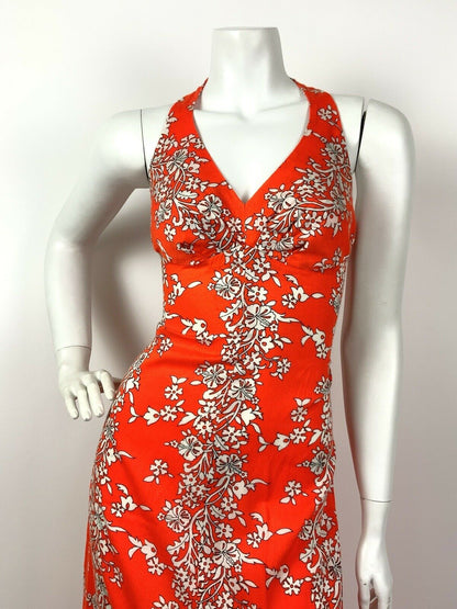 VTG 60s 70s NEON ORANGE WHITE HAWAIIAN FLORAL PLUNGING HALTER MAXI DRESS 8 10