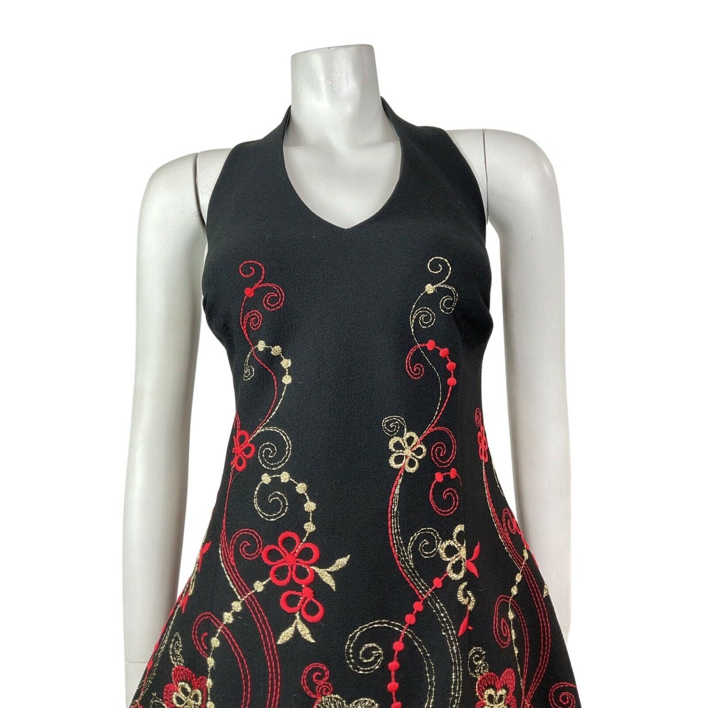 VINTAGE 60s 70s BLACK RED GOLD FLORAL EMBROIDERED PARTY GLAM HALTER DRESS 14