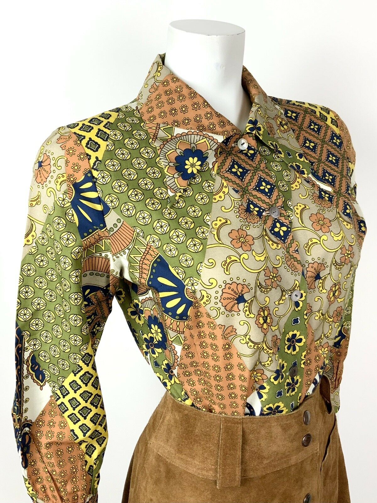 VTG 60s 70s ORANGE GREEN YELLOW BLUE FLORAL PSYCHEDELIC DIAMOND DAGGER SHIRT 12