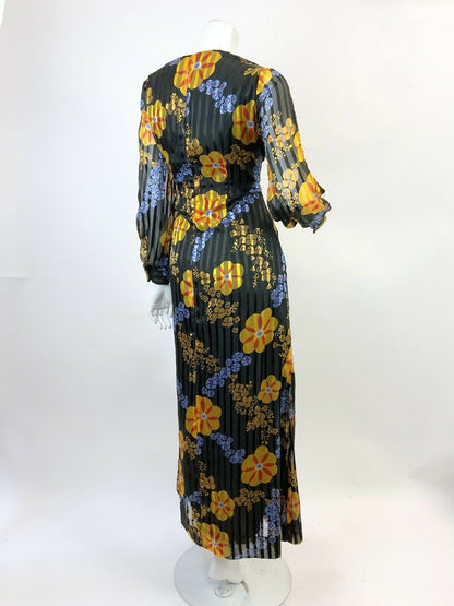 VTG 60s 70s BLACK BLUE YELLOW FLORAL PSYCHE STRIPED SHEER MOD MAXI DRESS 12 14