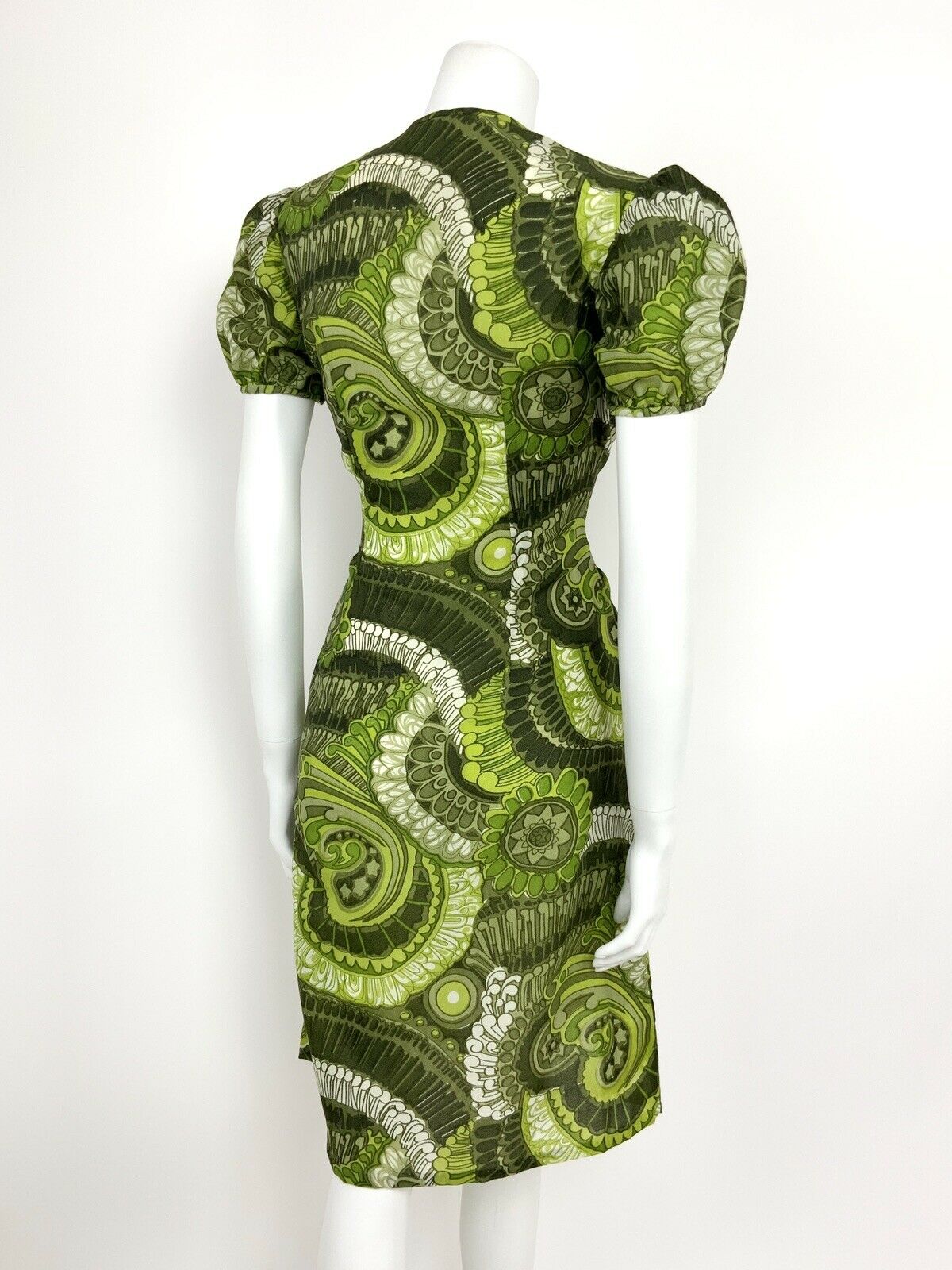 VTG 60s 70s GREEN WHITE FLORAL PSYCHEDELIC SHEER SHEATH DRESS 10 12