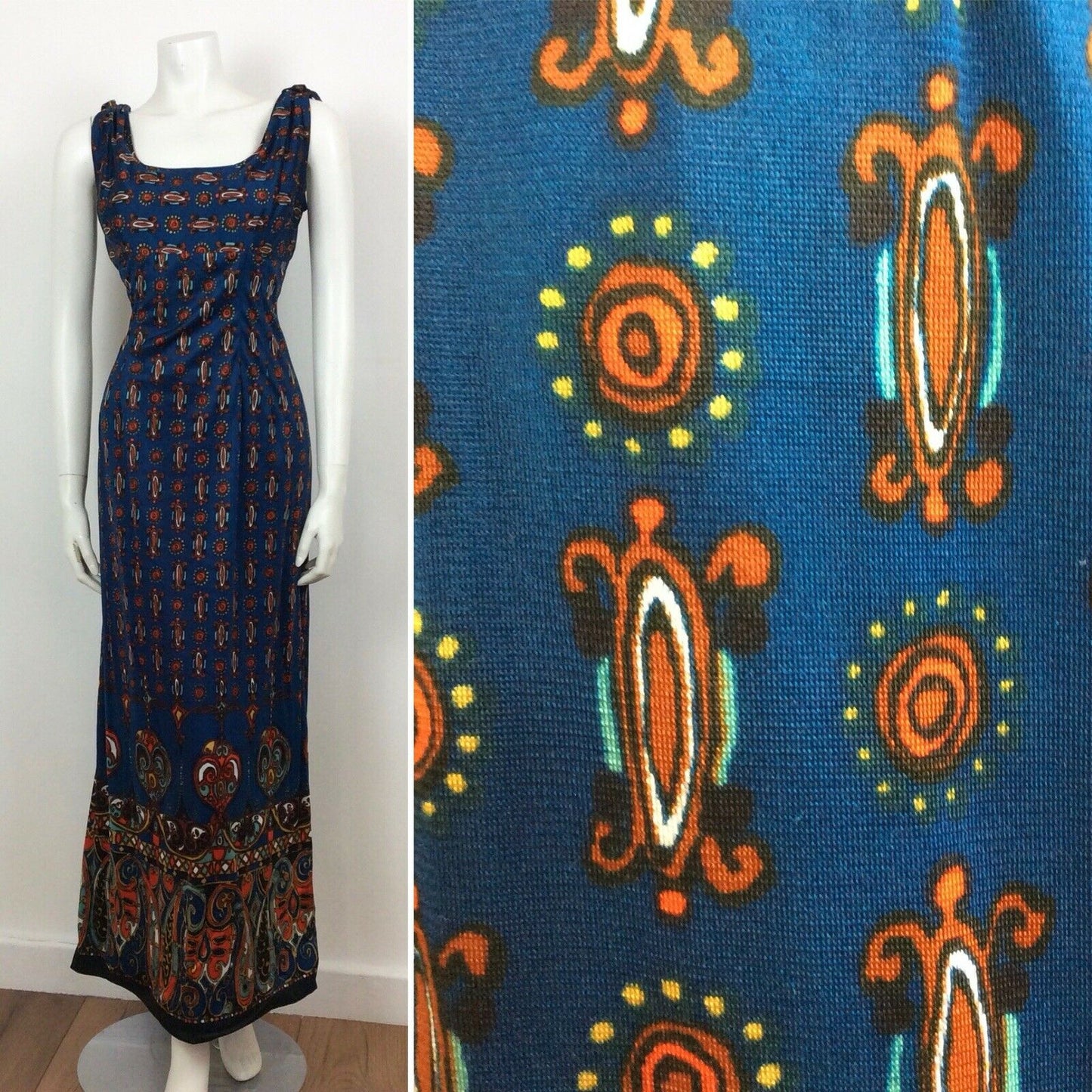 60S VINTAGE BLUE ORANGE PATTERN MAXI DRESS 10