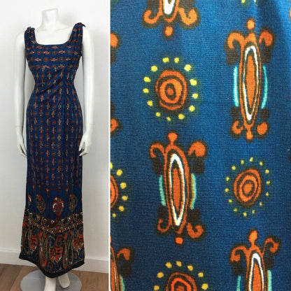 60S VINTAGE BLUE ORANGE PATTERN MAXI DRESS 10