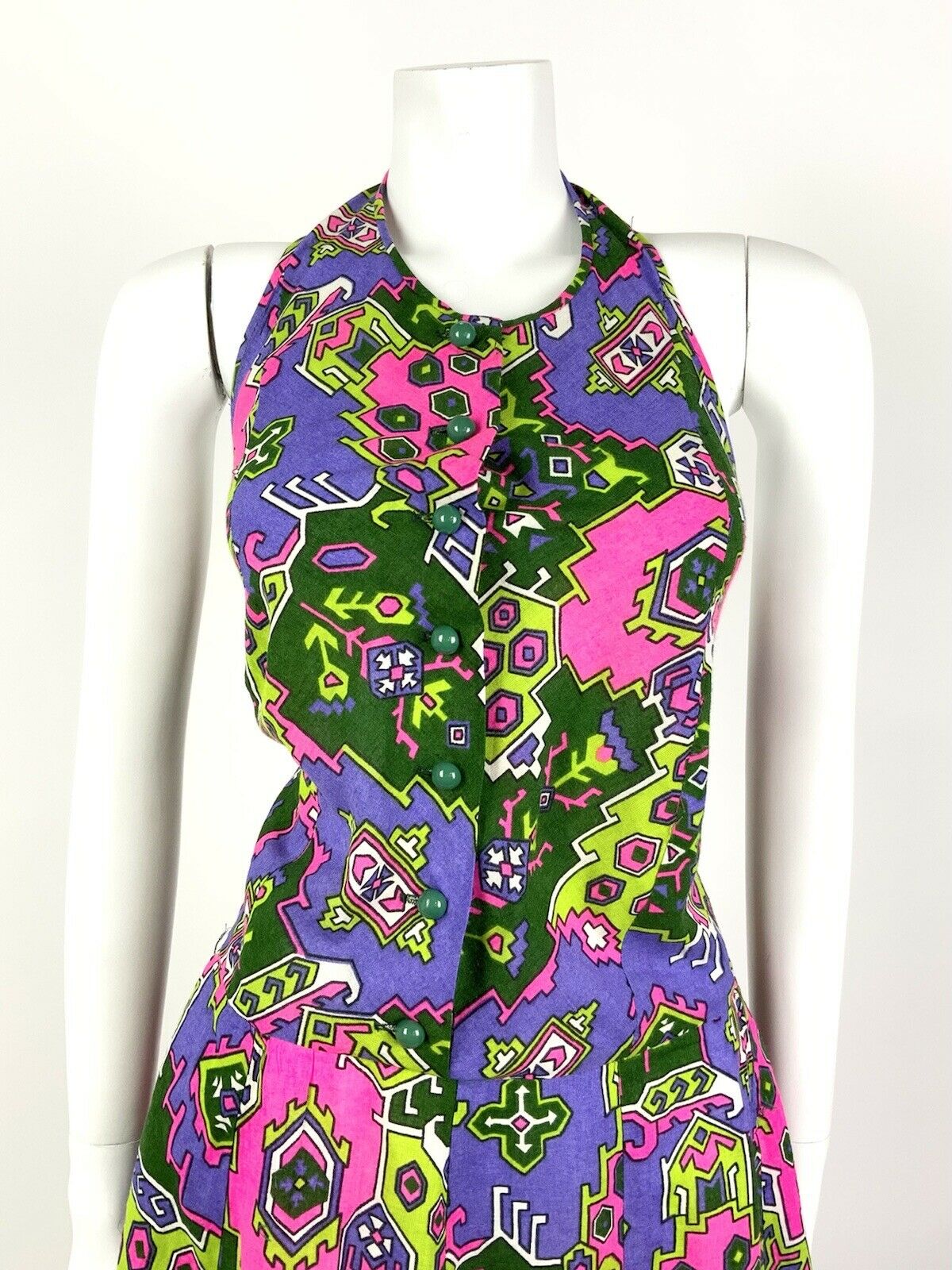 VTG 60s 70s NEON PINK PURPLE GREEN AZTEC PSYCHEDELIC HALTER MINI DRESS 12