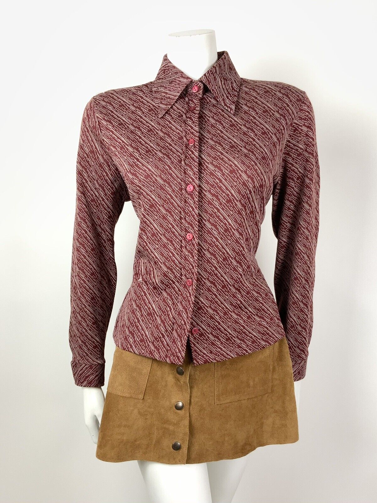 VINTAGE 60s 70s WINE RED WHITE STRIPED DAGGER COLLAR MOD SHIRT BLOUSE 16 18