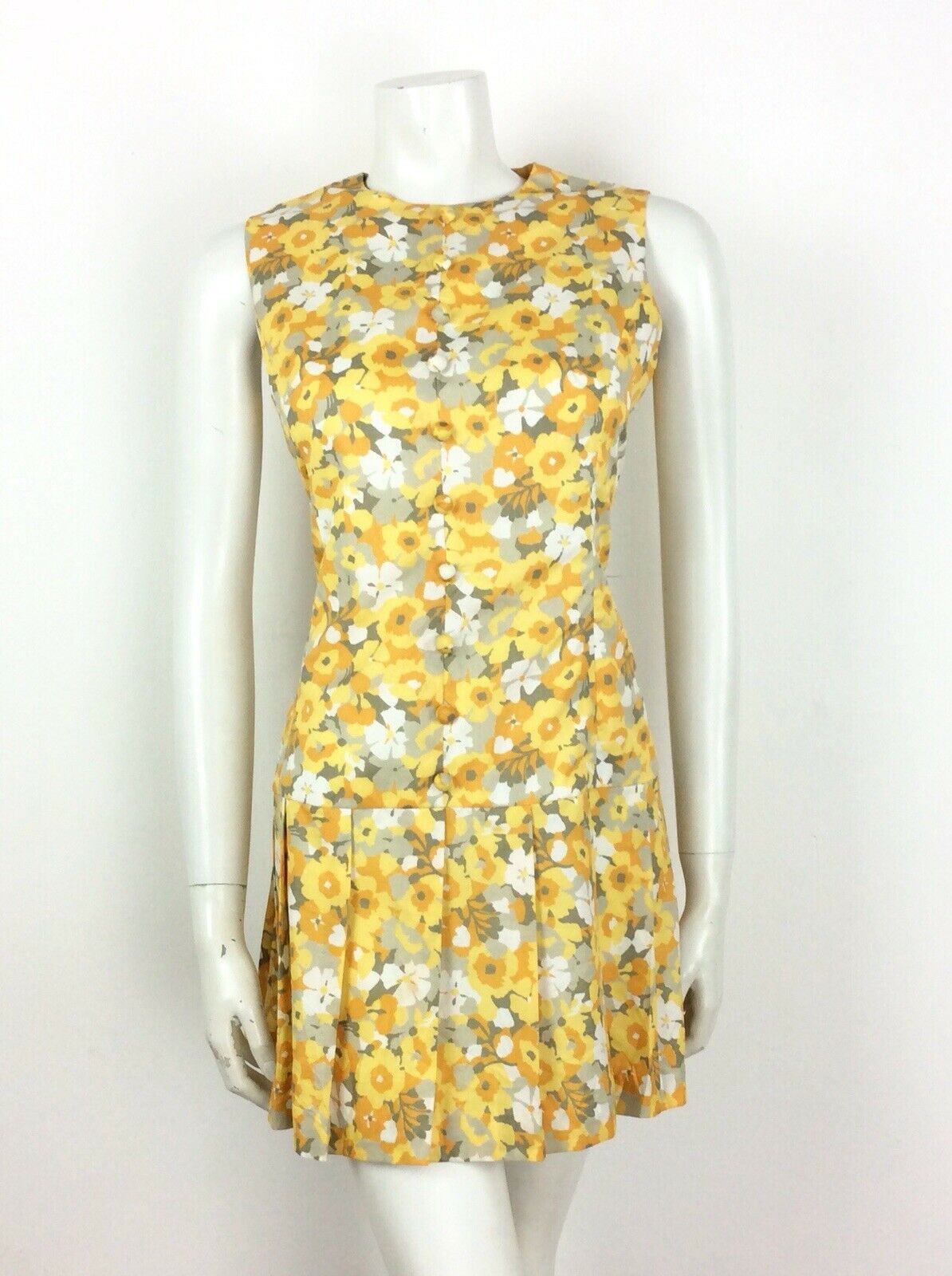 VINTAGE 60s 70s SUMMER FLORAL DITSY DRESS YELLOW ORANGE WHITE SILVER GLITTERY 10