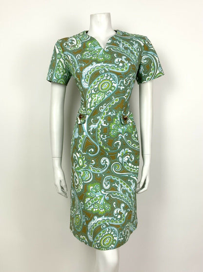 VINTAGE 60s 70s BLUE GREEN BROWN WHITE FLORAL PSYCHEDELIC PAISLEY DRESS 12 14