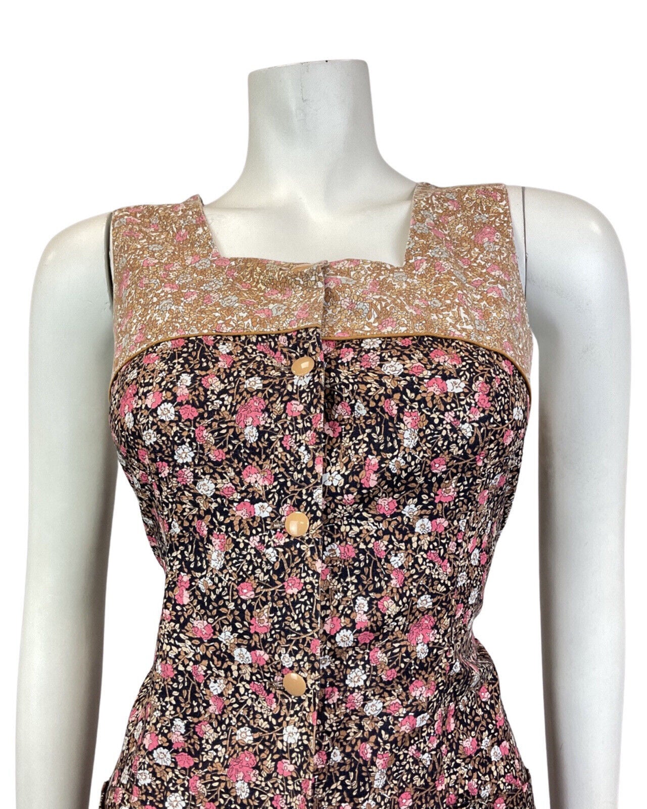 VINTAGE 60s 70s BLACK BROWN PINK DITSY FLOWER PINAFORE PINNY SUMMER DRESS 10 12