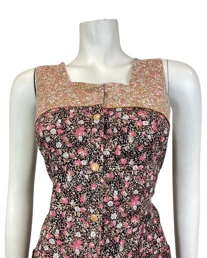 VINTAGE 60s 70s BLACK BROWN PINK DITSY FLOWER PINAFORE PINNY SUMMER DRESS 10 12