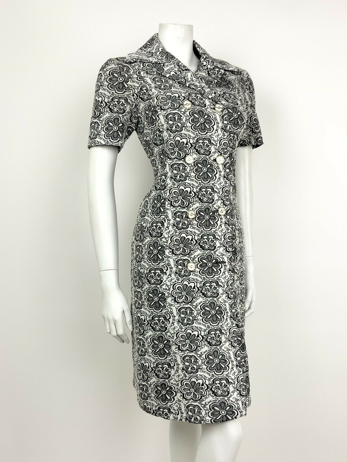 VINTAGE 60s 70s WHITE BLACK GOLD DOUBLE-BREASTED FLORAL SHIRT DRESS 10 12