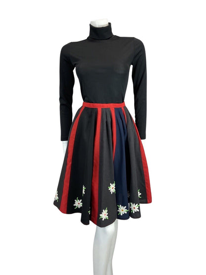 VTG 60s 70s BLACK NAVY RED DAISY EMBROIDERY FLOATY BOHO FOLK A-LINE SKIRT 8 10