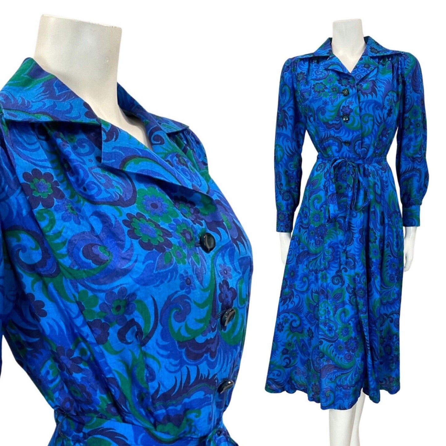 VINTAGE 60s 70s BLUE GREEN PSYCHEDELIC FLORAL FEATHER MOD SILK SHIRT DRESS 8 10