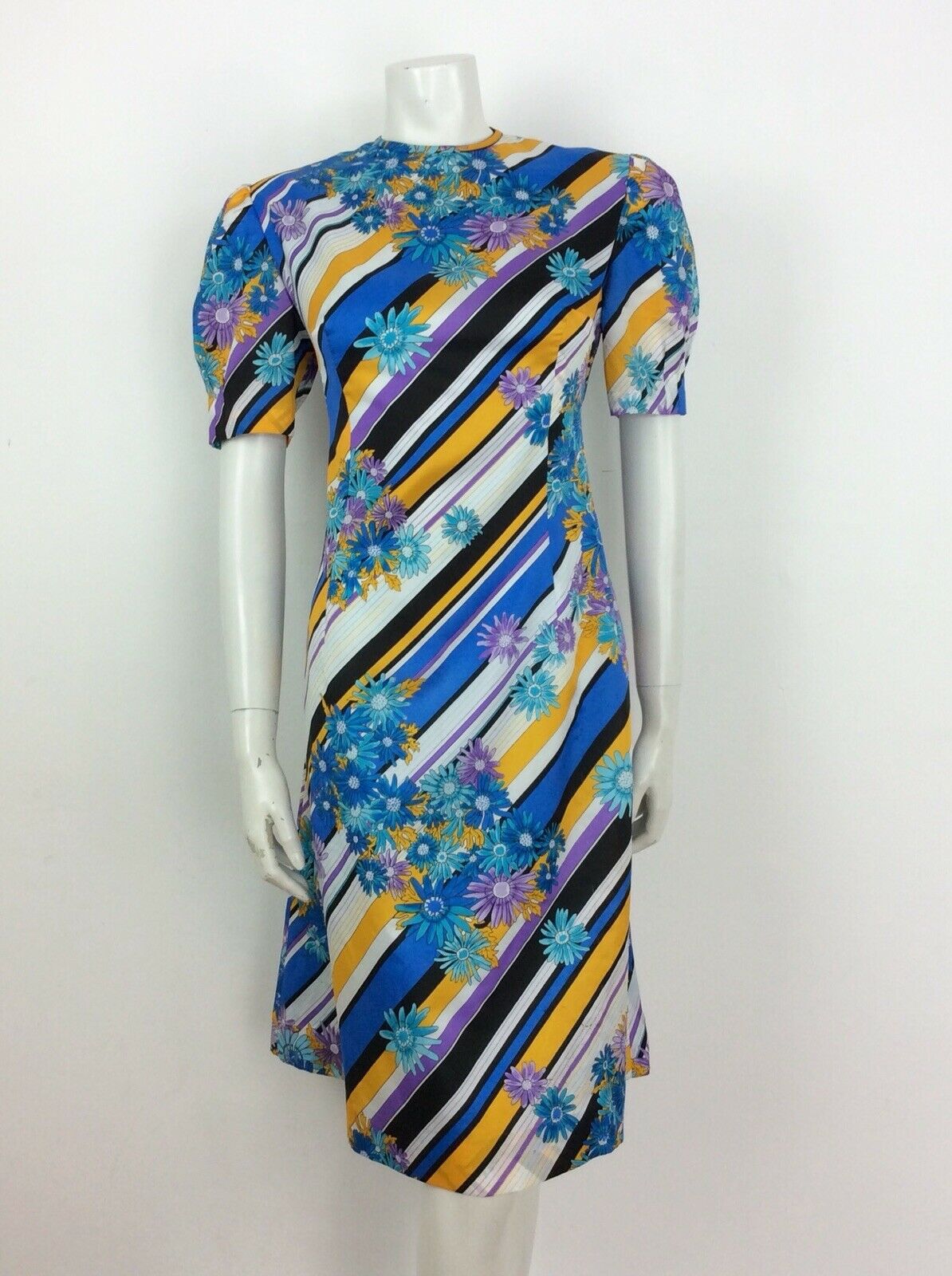 VTG 60s 70s BLUE YELLOW BLACK PURPLE STRIPE FLOWER DAISY DRESS 14