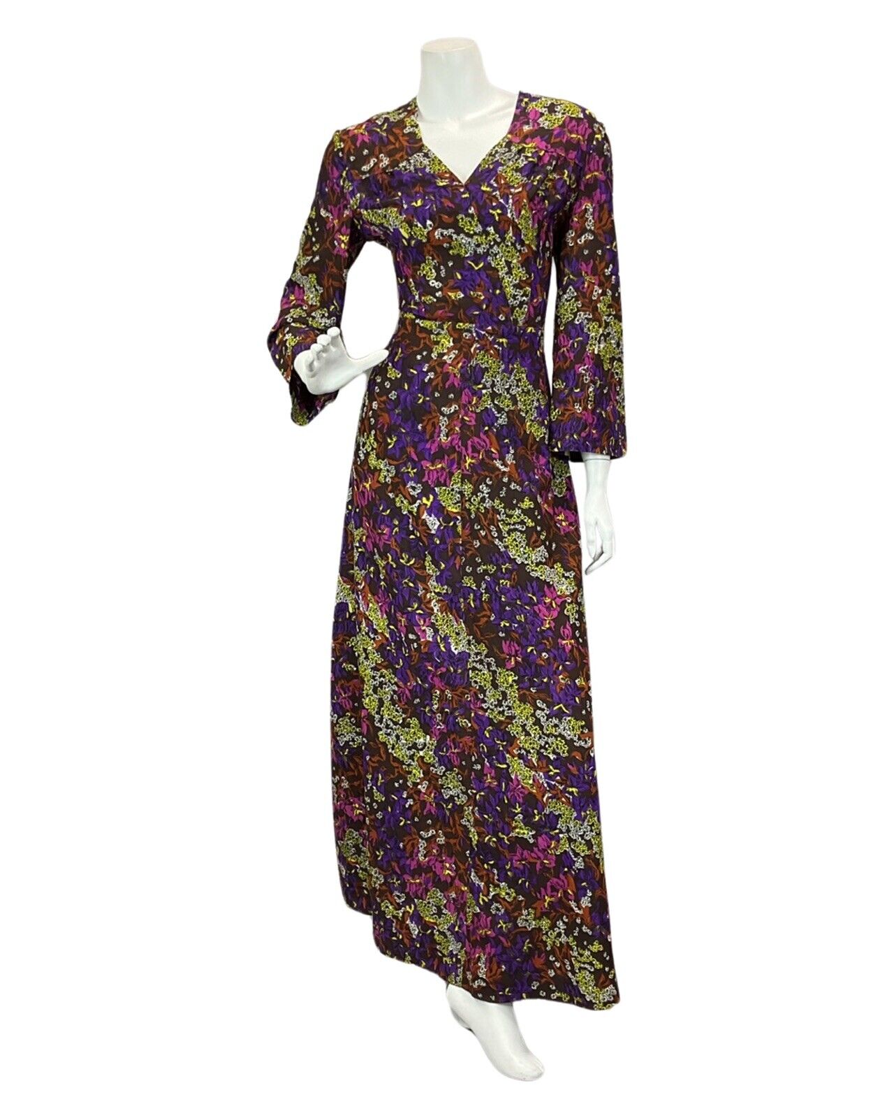 VINTAGE 60s 70s BROWN PURPLE YELLOW FLORAL PRINT MAXI DRESS 14