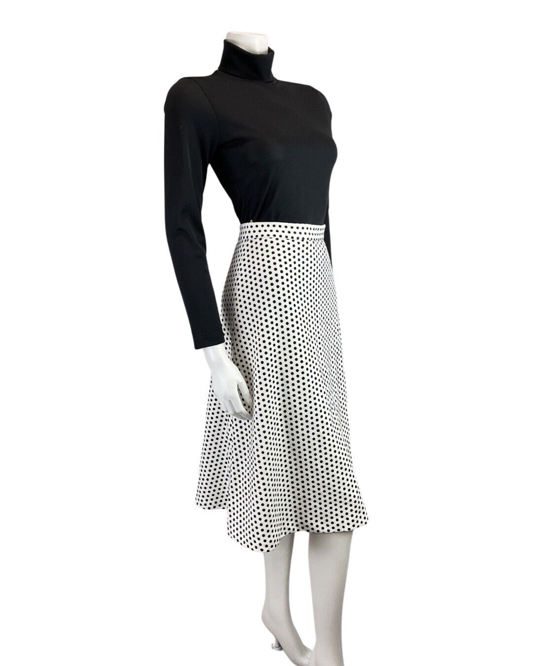 VINTAGE 70s WHITE BLACK POLKA-DOT MIDI SWING SKIRT 6