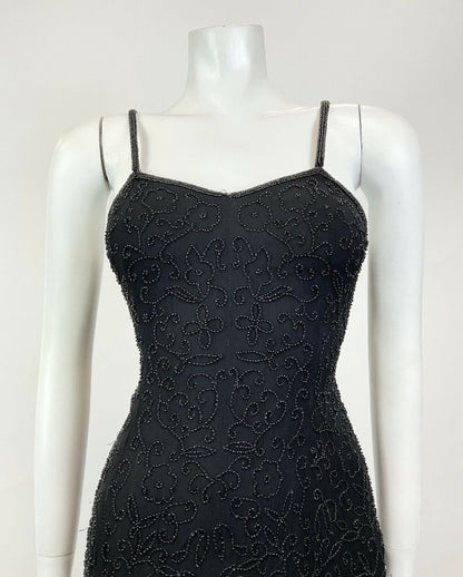 VINTAGE 70s 80s BLACK FLORAL VINE BEADED SPAGHETTI STRAP PARTY MINI DRESS 8