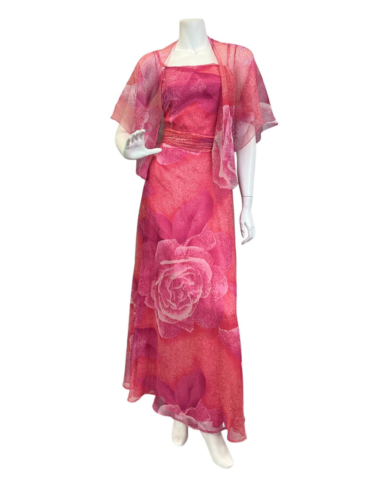 VINTAGE 60s 70s PINK RED WHITE PSYCHEDELIC FLORAL ROSE SHAWL MAXI DRESS 8 10