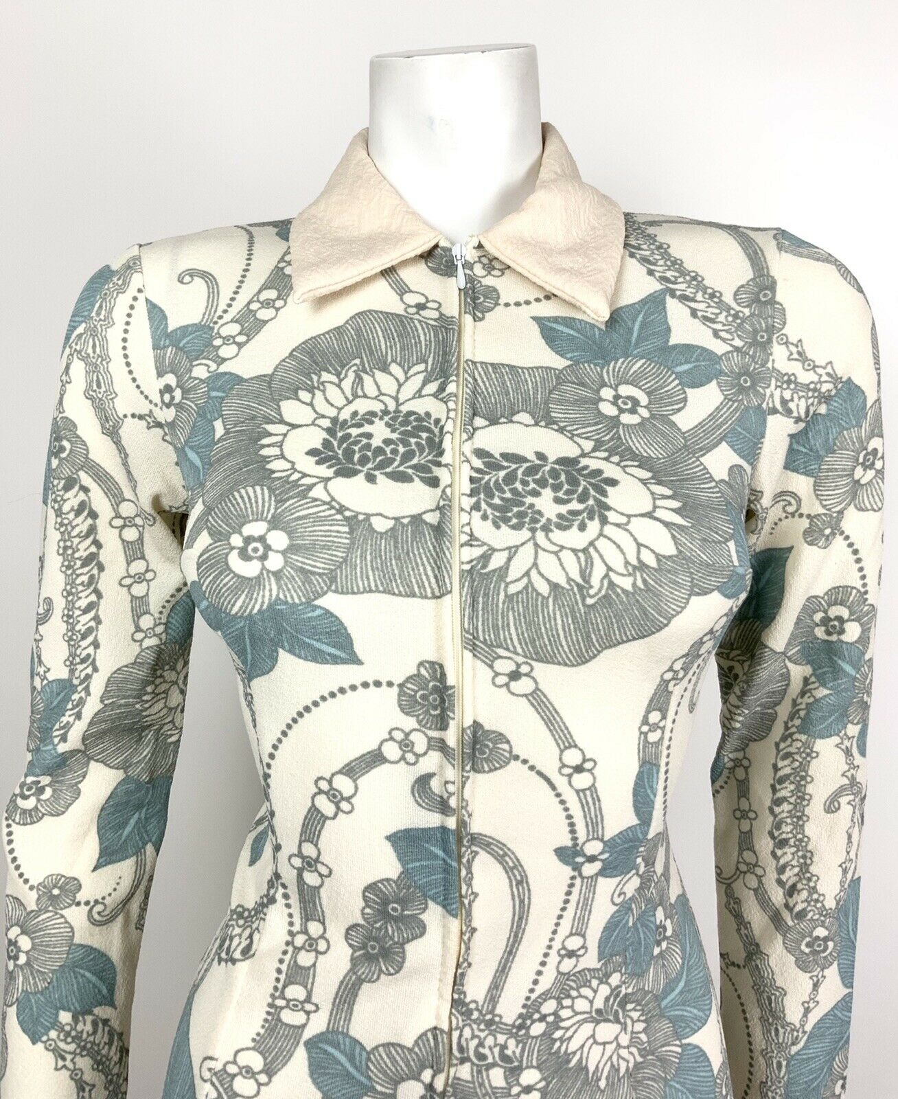 VTG MOD 60s 70s WHITE BLUE GREY FLORAL PSYCH ZIP-UP DAGGER DRESS 8 10