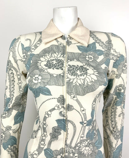 VTG MOD 60s 70s WHITE BLUE GREY FLORAL PSYCH ZIP-UP DAGGER DRESS 8 10