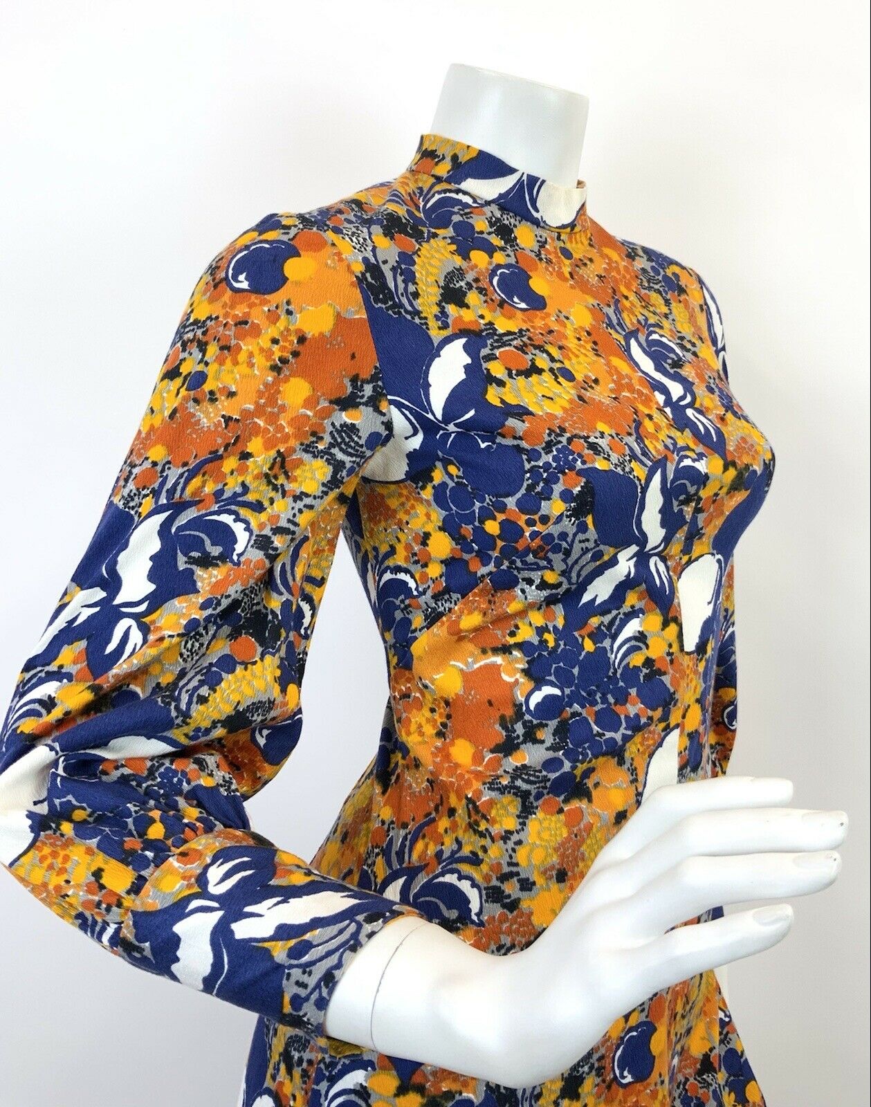 VINTAGE 60s 70s BLUE ORANGE YELLOW PSYCHEDELIC FLORAL DOTTY MOD MIDI DRESS 8