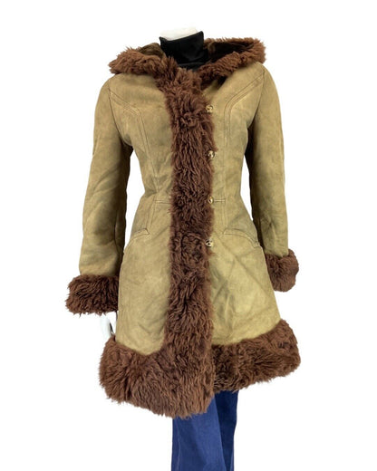 VINTAGE 60s 70s SOFT BROWN HOODED SUEDE PENNY LANE SHEARLING COAT 8 10