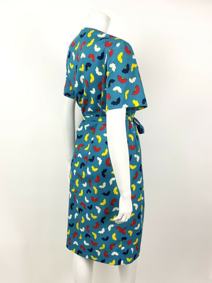 VINTAGE 70s 80s BLUE YELLOW RED WHITE FLORAL DAISY BELTED SHIFT DRESS 14 16