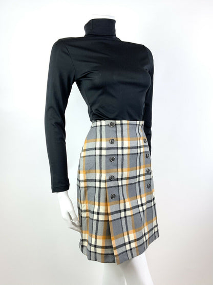 VINTAGE 60s 70s GREY WHITE YELLOW TARTAN PLAID CHECKED MOD SHORT SKIRT 6 8