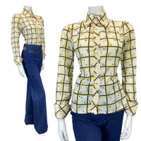 VINTAGE 60s 70s CREAM BLUE YELLOW GRID CHECKED DAGGER COLLAR MOD SHIRT 10 12