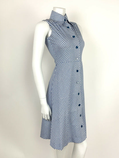 VTG 60s 70s MOD BLUE WHITE BASKET WEAVE OP-ART DAGGER COLLAR SHIRT DRESS 8 10