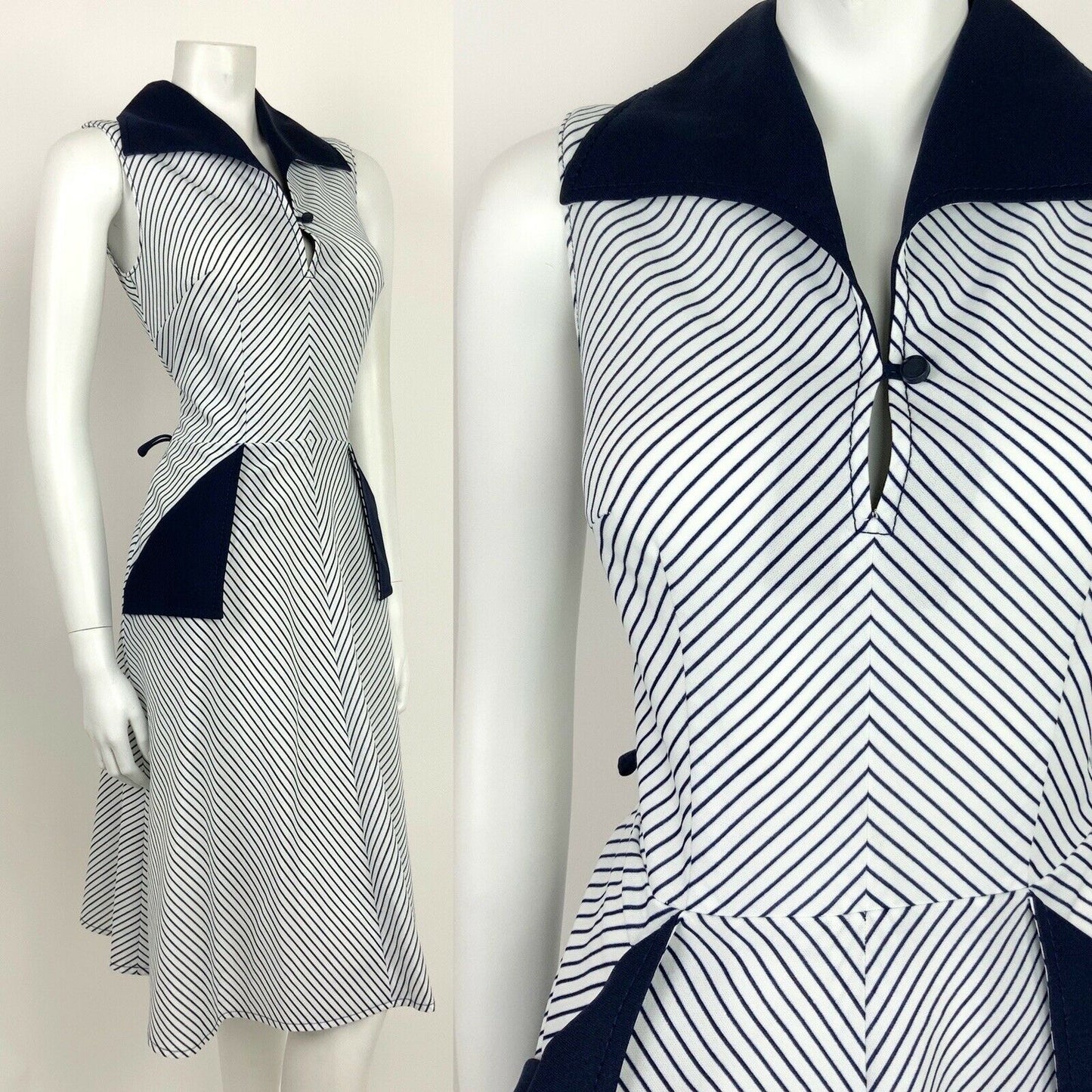 VINTAGE 60s 70s NAVY BLUE WHITE STRIPED OP-ART WING COLLAR SUN DRESS 10