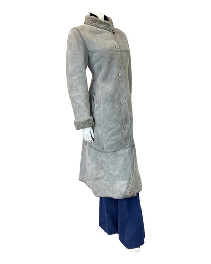 VINTAGE 60s 70s STONE GREY SUEDE LEATHER LONG SHEARLING COAT 10