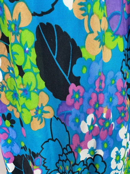 VINTAGE 60s 70s BLUE GREEN BLACK FLORAL PSYCHEDELIC HOUSECOAT WRAP DRESS 12 14