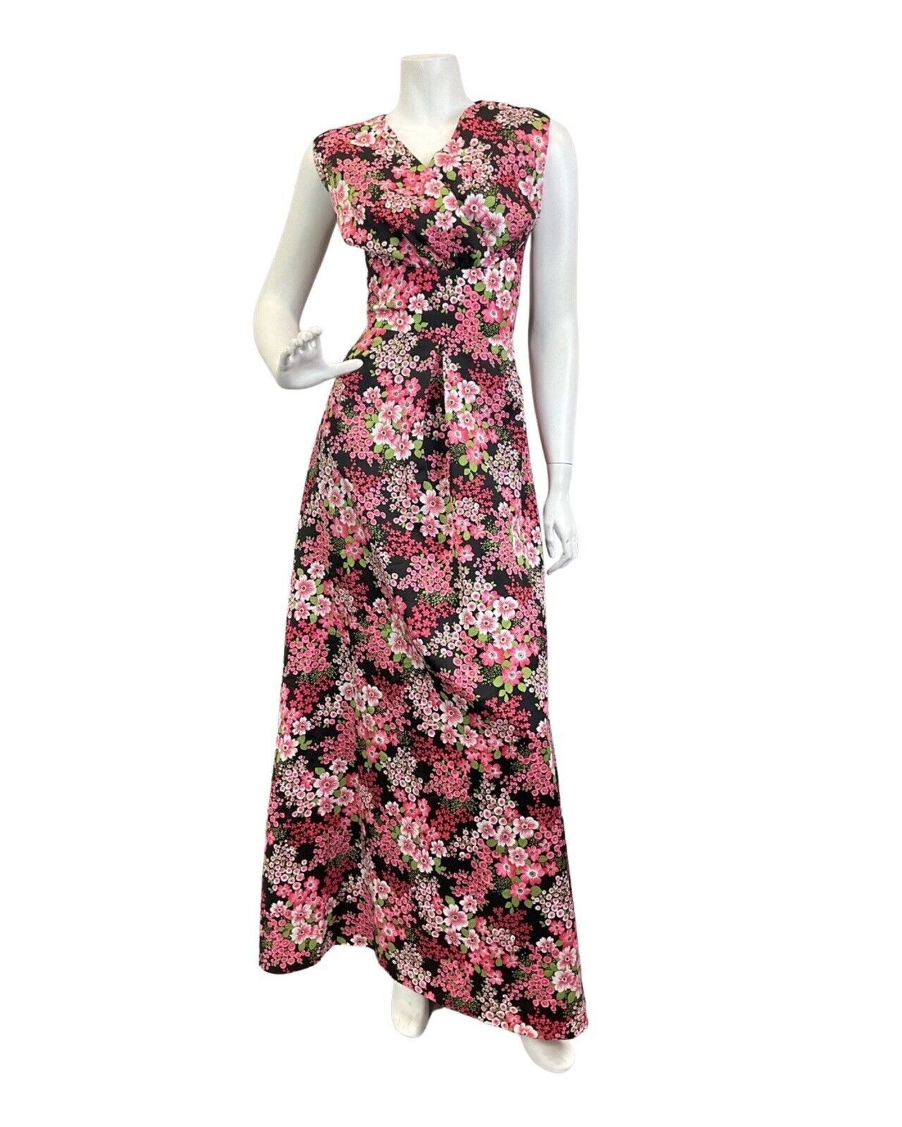 VINTAGE 70s BLACK PINK GREEN PSYCHEDELIC FLORAL SLEEVELESS MAXI DRESS 14 16