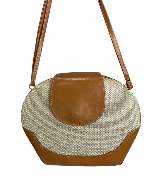 VINTAGE 60s 70s BEIGE BROWN METAL LEATHER BOHO MINI CLASP SHOULDER BAG