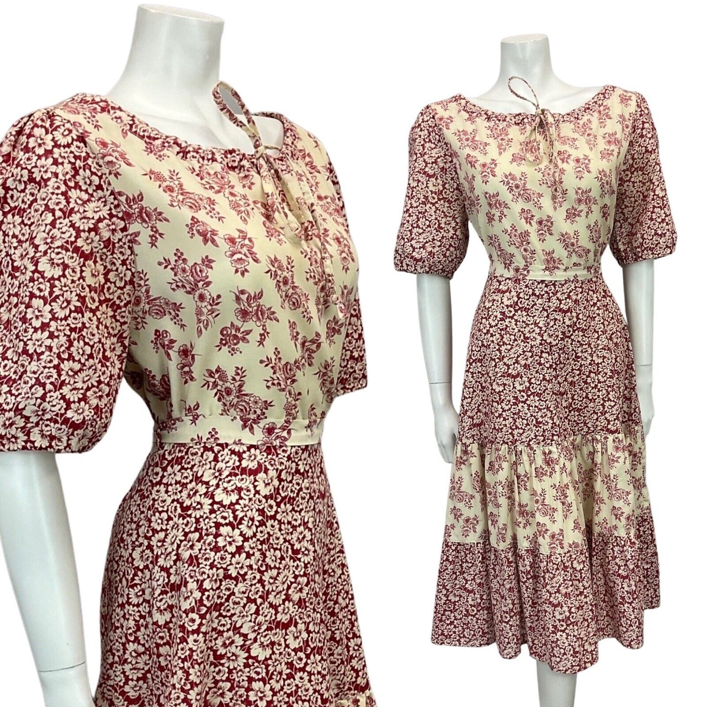 VINTAGE DIOLEN 70s DUSTY PINK CREAM FLORAL PRINT BOHO FOLK MIDI DRESS 10 12