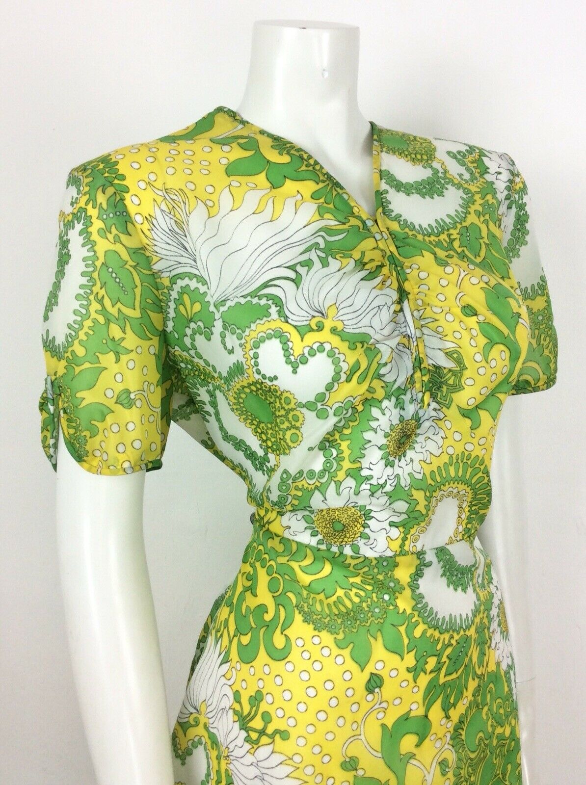 PSYCHEDELIC 70S VINTAGE YELLOW GREEN WHITE FLORAL DRESS 14