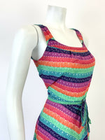 VTG 60s 70s GREEN BLUE RED RAINBOW STRIPED STRAPPY APRON SUMMER SUN DRESS 6 8