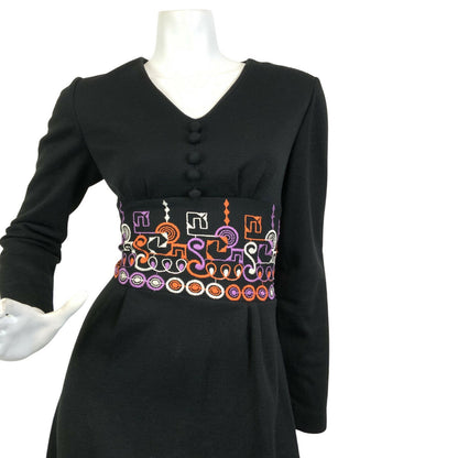 VTG 60s 70s BLACK ORANGE PURPLE GEOMETRIC EMBROIDERED BOHO MOD MAXI DRESS 10