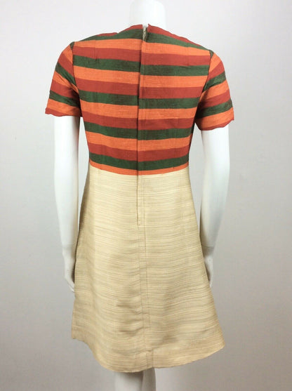 VTG 60S GREEN, RED, ORANGE CREAM STRIPED PREPPY VINTAGE DRESS