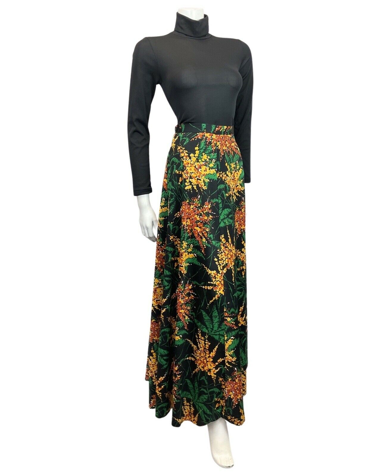 VINTAGE 60s 70s BLACK YELLOW GREEN FLORAL FERN LEAF MOD MAXI SKIRT 8