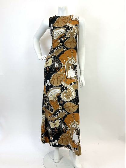 VTG 60s 70s BROWN BLACK CREAM PSYCHEDELIC LEAFY SWIRL MOD BOHO MAXI DRESS 8 10